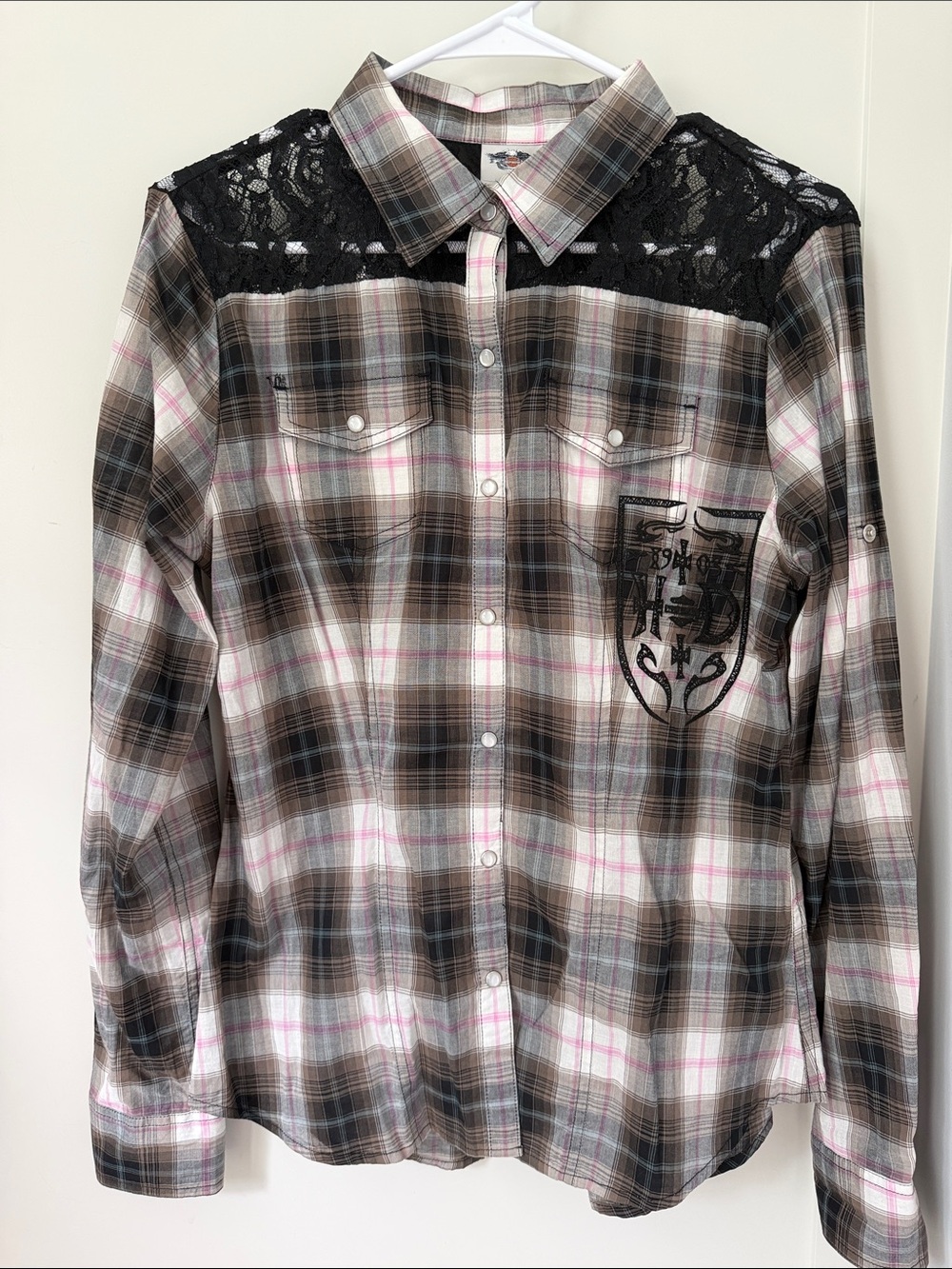 Harley-Davidson Brown, White, Black, & Pink Plaid Button-Up with Black Lace Yoke